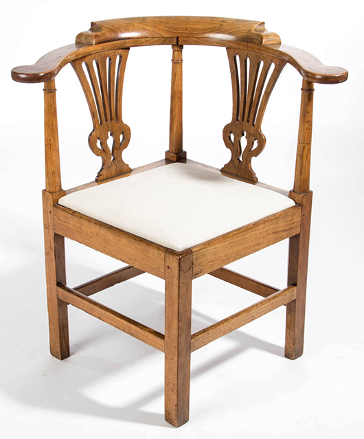 Petersburg, Va., Chippendale carved cherry or applewood corner / smoking chair, circa 1765-1785. Price realized: $20,700.  Jeffrey S. Evans & Associates image